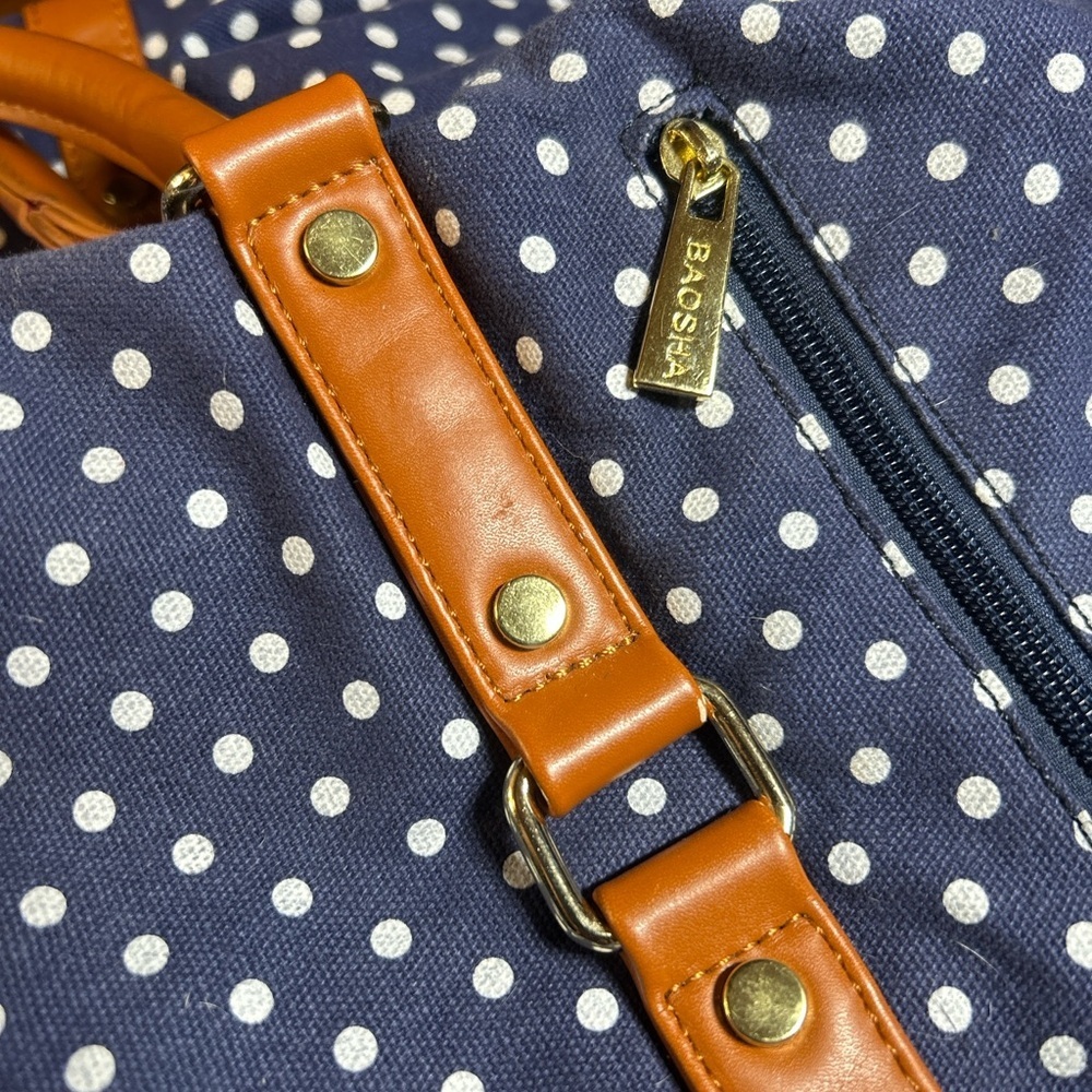 Stylish Navy Polka Dot Travel Bag with Tan Details​ - Picture 6 of 12